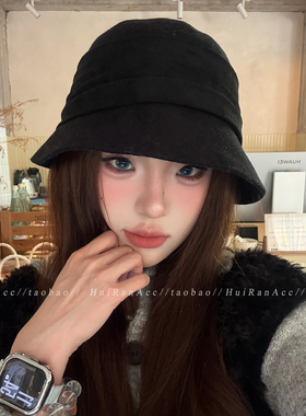 渔夫帽女秋冬褶皱磨毛显脸小黑色