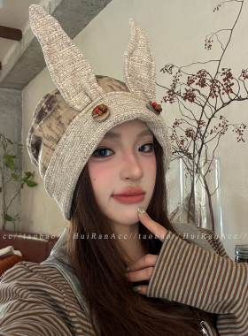 纽扣猫耳朵包头帽复古小众设计感