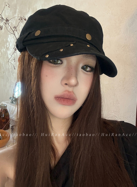 黑色毛边铆钉平顶马术帽女春夏