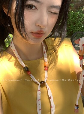 韩系红色小花串珠项链小众设计感