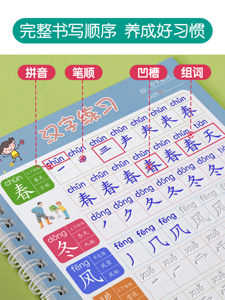 小学生字帖凹槽一年级二年级三四五六上册下册同步练字帖人教版每日一练语文生字笔画笔顺偏旁部首儿童练习写字专用硬笔书法练字本 - 图2