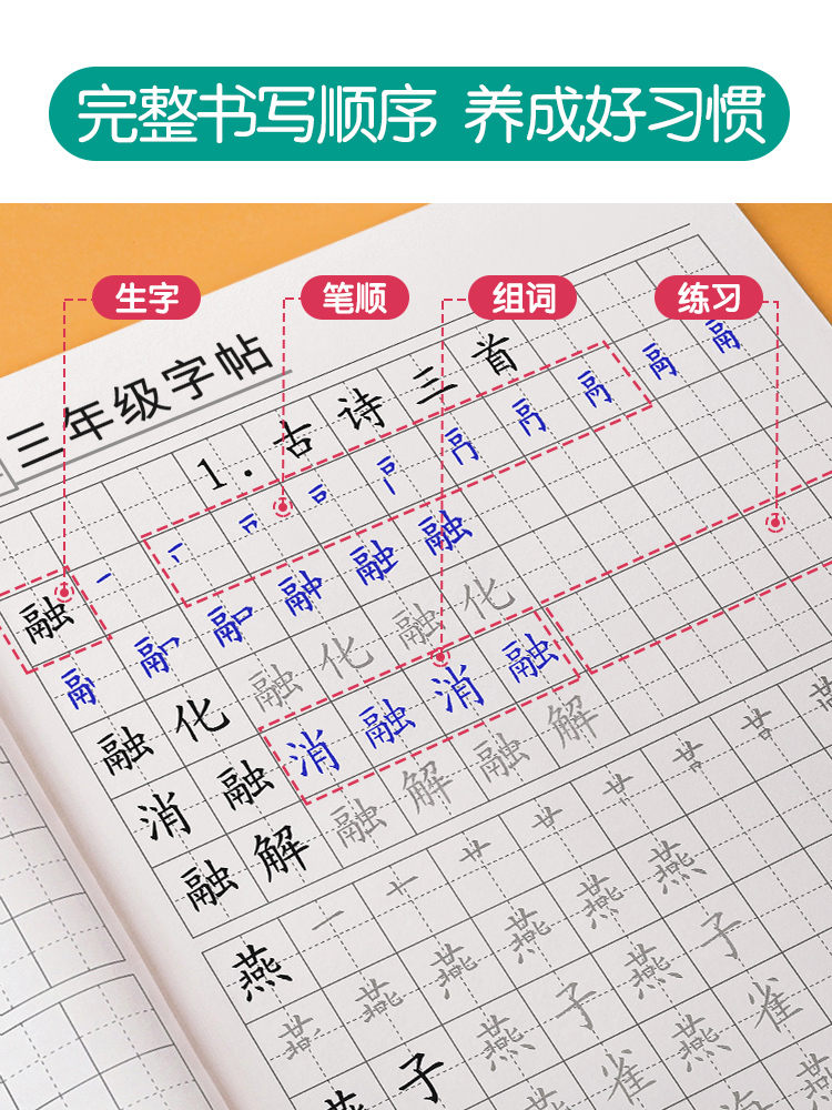 三年级上册下册字帖同步人教版语文课本笔画笔顺楷书钢笔练字帖小学生专用每日一练硬笔书法贴生字描红练字本练习儿童四五六上正楷-图2