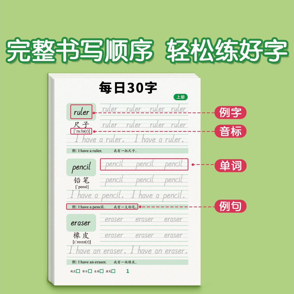 三年级斜体英语字帖上册下册四年级人教版同步练字帖五六年级小学生每日一练26个英文字母意大利斜体练习贴单词默写本描红本专用34