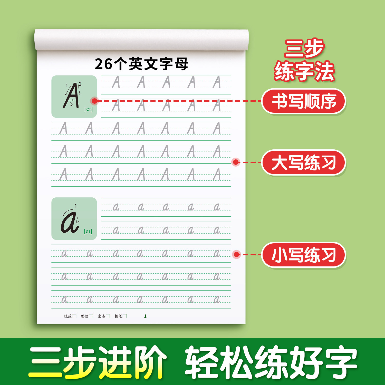 26个英文字母练字帖二升三英语字帖小学生专用一二三年级意大利斜体每日一练幼儿园幼小衔接大小班写字练习本衡水体书写描红练习贴