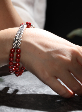 纯银朱砂麦穗圆珠手链手串