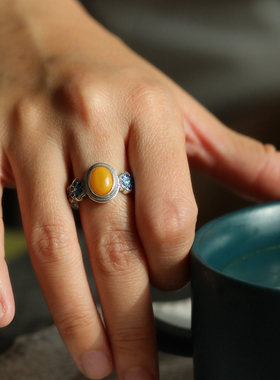 天然琥珀蜜蜡景泰蓝民族风戒指