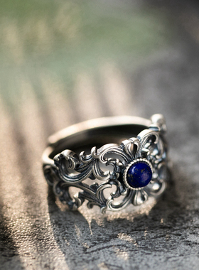 纯银青金石复古民族风忍冬纹戒指