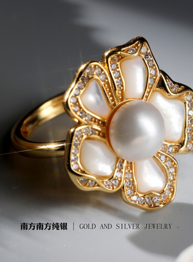 盛放天然珍珠欧美复古风轻奢中古设计感港风女款开口大戒指