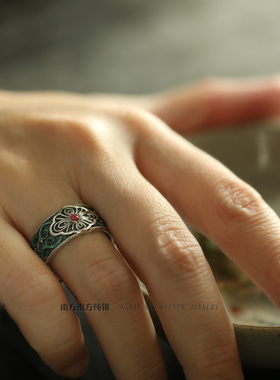 民族风轻奢足银999珐琅彩大戒指