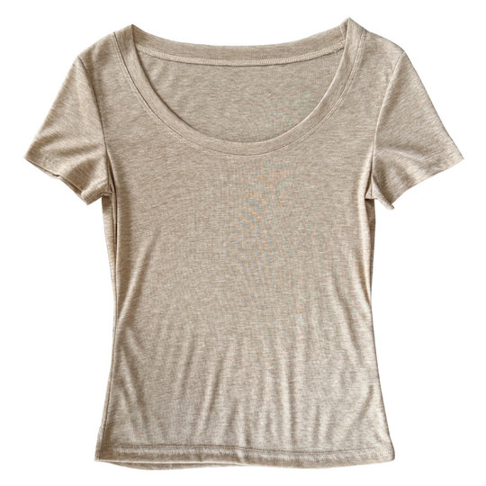 
White big round neck thin T-shirt for women in summer new style, slightly transparent ice silk knitted short-sleeved top, low collar, and base