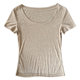 
White big round neck thin T-shirt for women in summer new style, slightly transparent ice silk knitted short-sleeved top, low collar, and base