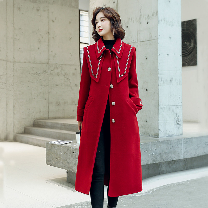 酒红色毛呢外套女秋冬装长款赫本风 吾亦美毛呢外套