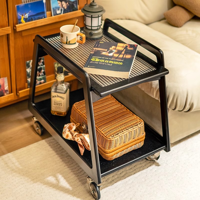 中古侘寂客厅家用沙发边几可移动万向轮小推车置物实木玻璃收纳架 - 图2