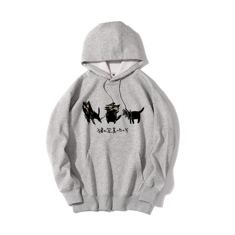 小黑猫写真卡通动漫艺术连帽套头卫衣男情侣装秋季加绒打底外套,淘宝优惠券,粉丝福利购,淘宝优惠卷
