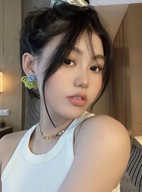 仙女绿色花朵手工串珠耳环蓝色撞色小众耳钉银针耳饰耳夹无耳洞