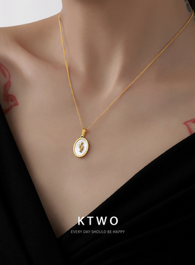 贝壳玫瑰椭圆牌吊坠k金色项链