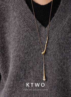 秋冬新款珍珠毛衣链女小众抽拉设计轻奢k金色时尚高级感长款项链