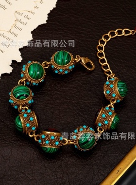 中古vintage饰品复古绿松石天然石头镶嵌锆石手链镂空气质手链