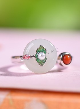 新疆天然和田玉白玉平安扣戒指925银镶嵌指环女款玉石防过敏戒子