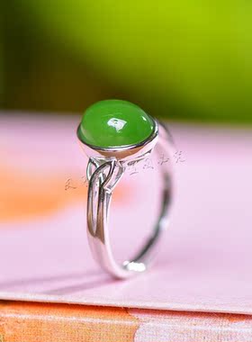 新疆天然和田玉白玉925银蛋面戒指镂空指环女款简约大气开口戒子