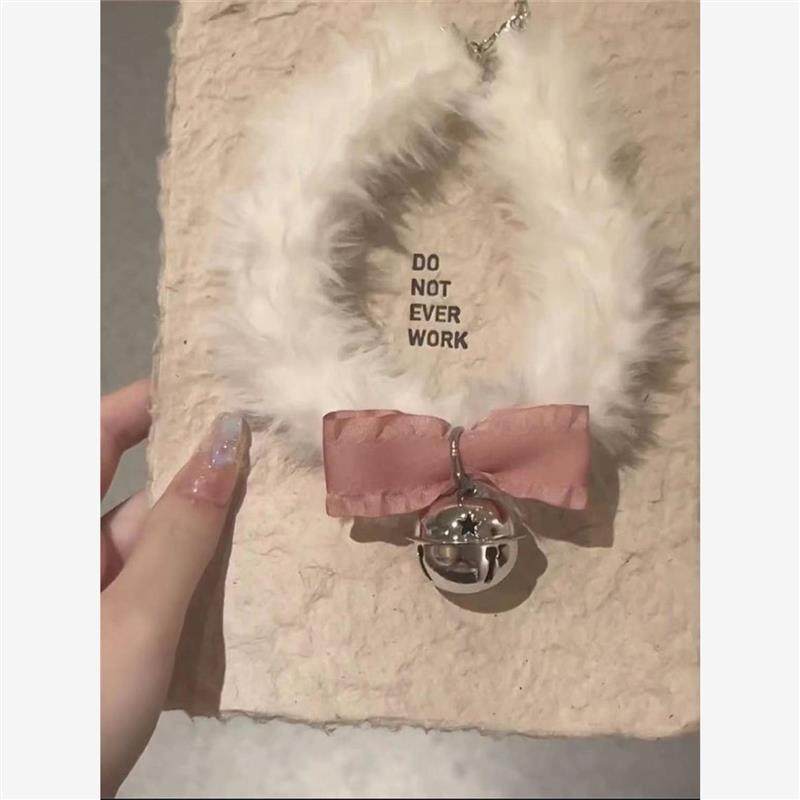 甜美可爱粉色蝴蝶结毛绒绒choker铃铛项链小众设计锁骨链项圈饰品 - 图0