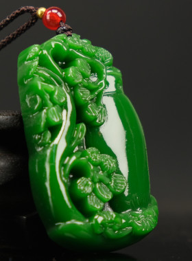 精雕新疆碧玉花瓶玉石挂件转运平平安安天然菠菜绿玉佩平安牌玉坠