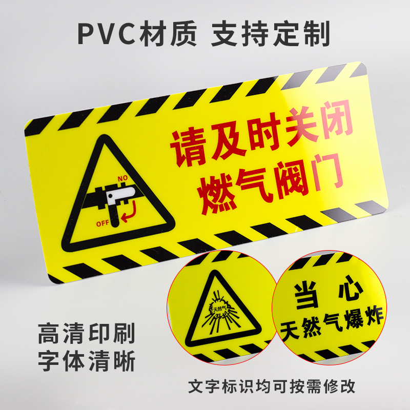 请及时关闭燃气阀门警示牌开窗通风用气安全标识PVC胶片先点火后开气食堂后厨酒店餐厅燃气灶使用提示牌定制 - 图0