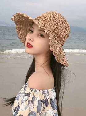 海边太阳帽防晒可折叠草编夏天