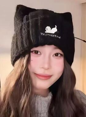 可爱小懒猫耳朵毛线帽子女秋冬季