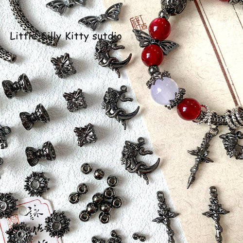 枪黑保色合金月亮花藤吊坠隔珠花托手工串珠手链项链diy配件材料 - 图0