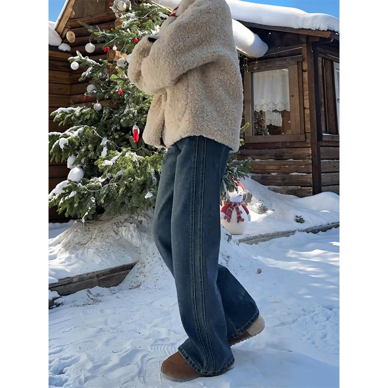 覆古加绒阔腿裤女秋冬新款梨形大尺码显瘦弹力牛仔裤百搭高腰拖地 - 图3