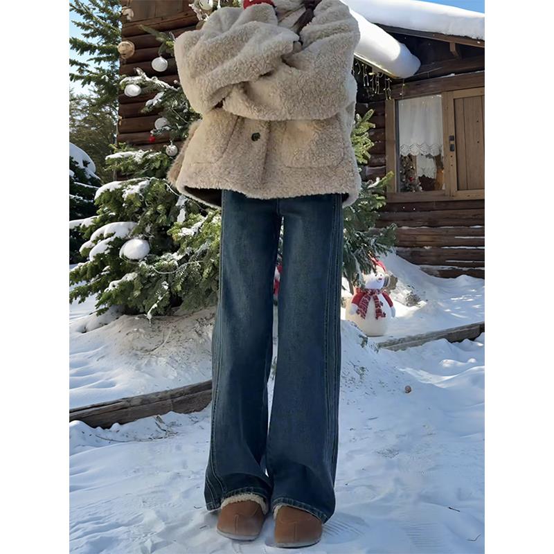 覆古加绒阔腿裤女秋冬新款梨形大尺码显瘦弹力牛仔裤百搭高腰拖地 - 图1