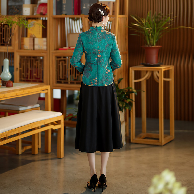中国风旗袍领上衣女装2022秋冬新款长袖加绒妈妈款中老年唐装套装 - 图2