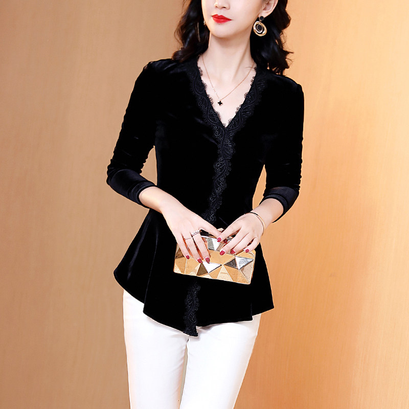 黑色金丝绒2020秋冬新款v领打底衫 jinkaixT恤