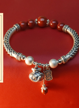 五福临门紫金砂手串本命年正品朱砂国风福袋s925纯银手链女款礼物
