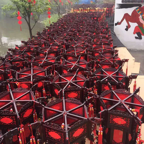 木质宫灯仿古春节六角羊皮古典实木中式大红灯笼过年户外阳台吊灯 - 图3