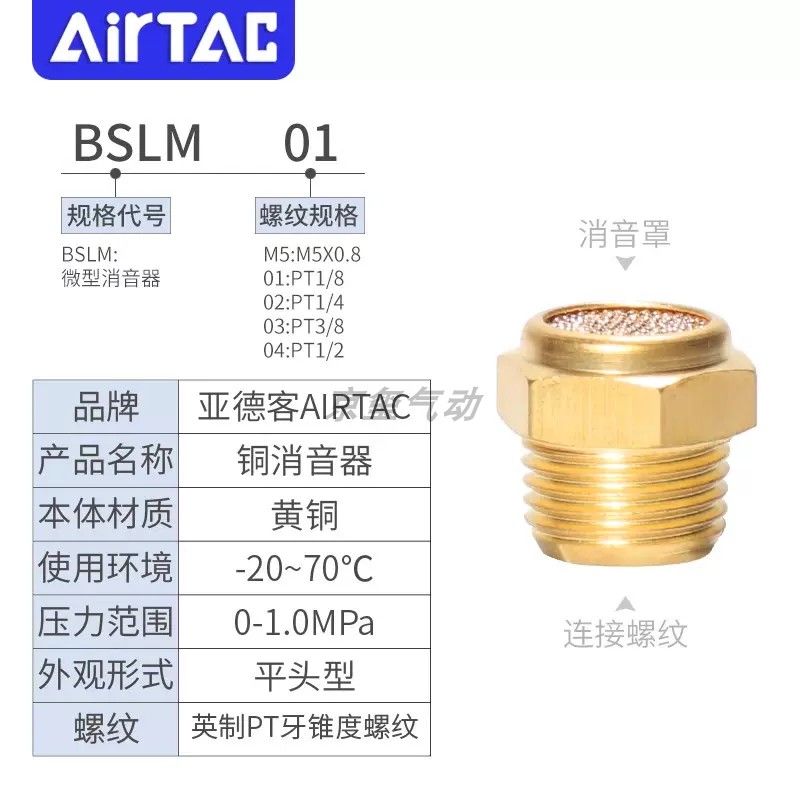 亚德客气动铜消声器平头节流消音器BSL/BESL/BSLM5-01-02-03-04 - 图1