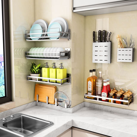 Bowl Sink Drain Wall Hanging 304 Stainless Steel Kitchen Set Home Free Punching Box Dish Seasoning Storage