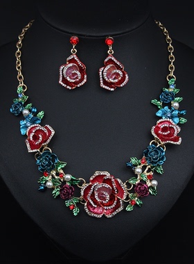 新款欧美彩色装饰个性女瑞丽花朵镶钻项链耳环套装中古气质女配饰