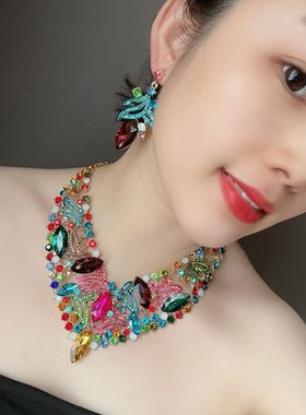 欧美夸张奢华彩色水晶女短锁骨