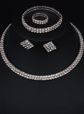 欧美简约时尚满钻闪项圈戒指手环耳钉四件套女多层项链配饰品