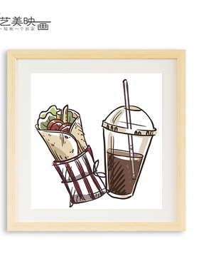 【快餐插图】咖啡可乐甜甜圈三明治汉堡店挂画简笔画装饰挂画有框