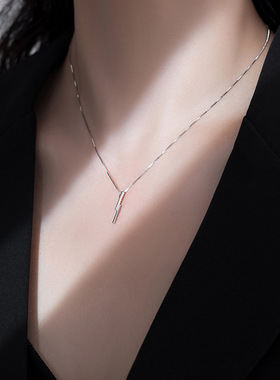 一字镶钻项链冷淡风s925纯银女