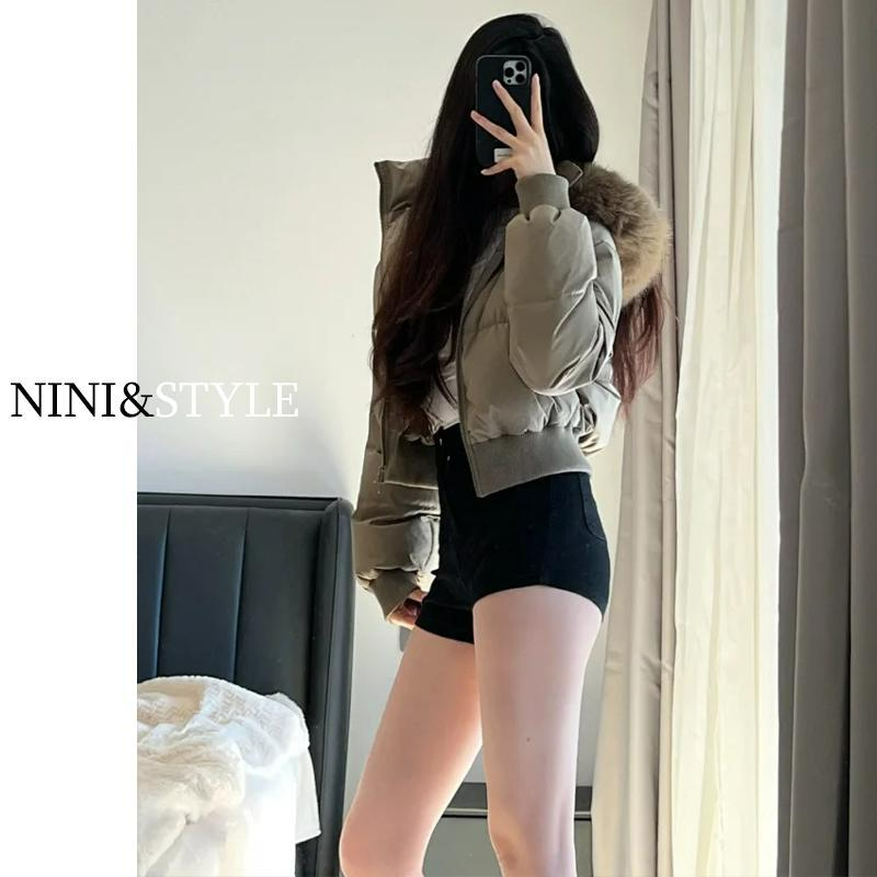 美式毛领连帽羽绒服女款秋冬季驼色棉服加厚修身保暖短款外套上衣 - 图2