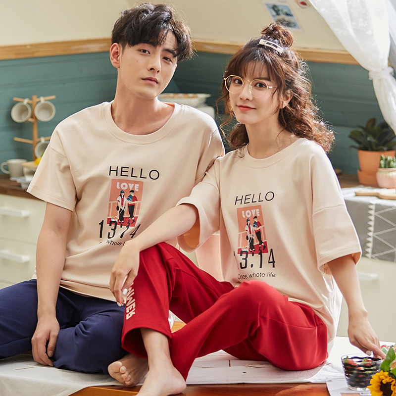 2套价夏季情侣纯棉短袖长裤睡衣 缘中缘睡衣/家居服套装