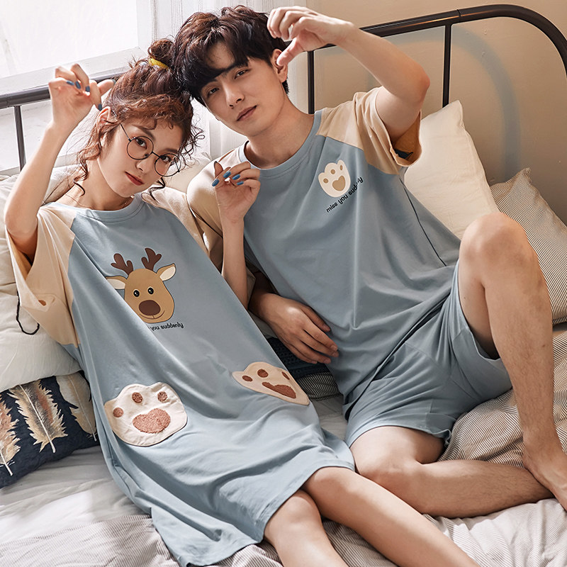 2套价夏季情侣纯棉短袖宽松男睡裙 缘中缘睡衣/家居服套装