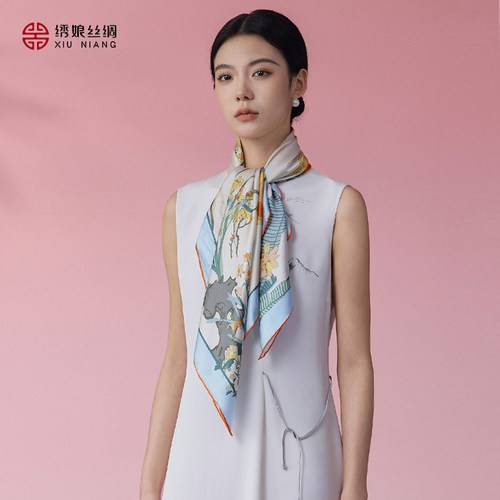 绣娘丝绸真丝丝巾新款桑蚕丝方巾披肩外搭高级围巾送妈妈礼物礼盒 - 图0