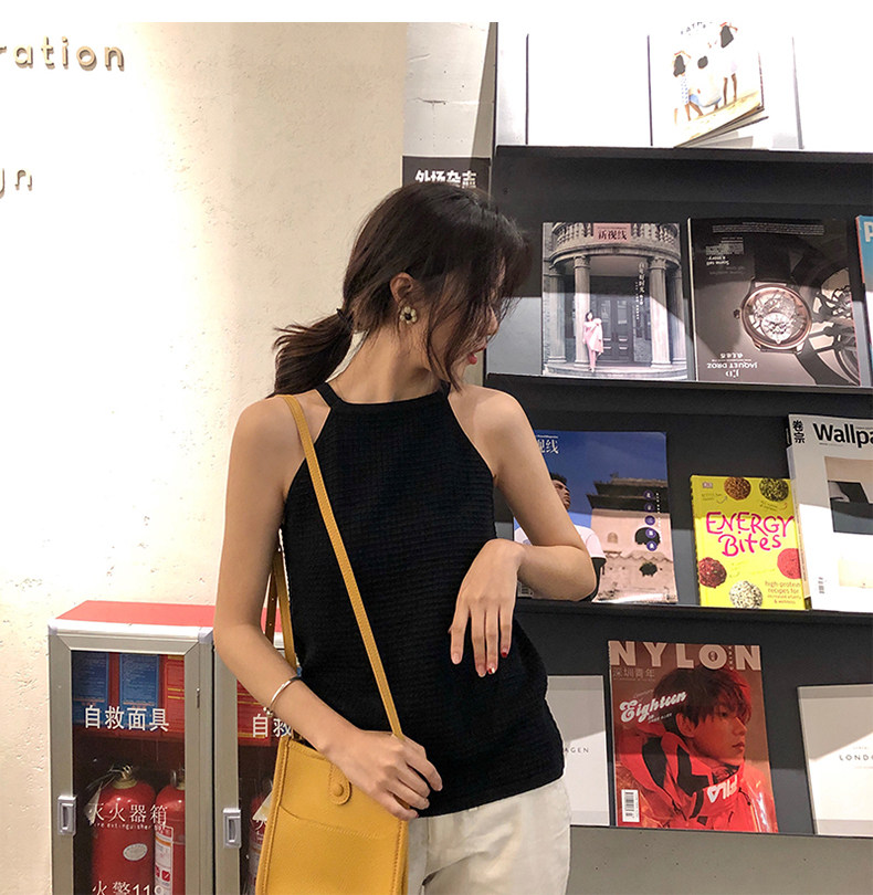 tnv黑打底宽松短款露肩挂脖针织衫 tnv背心吊带