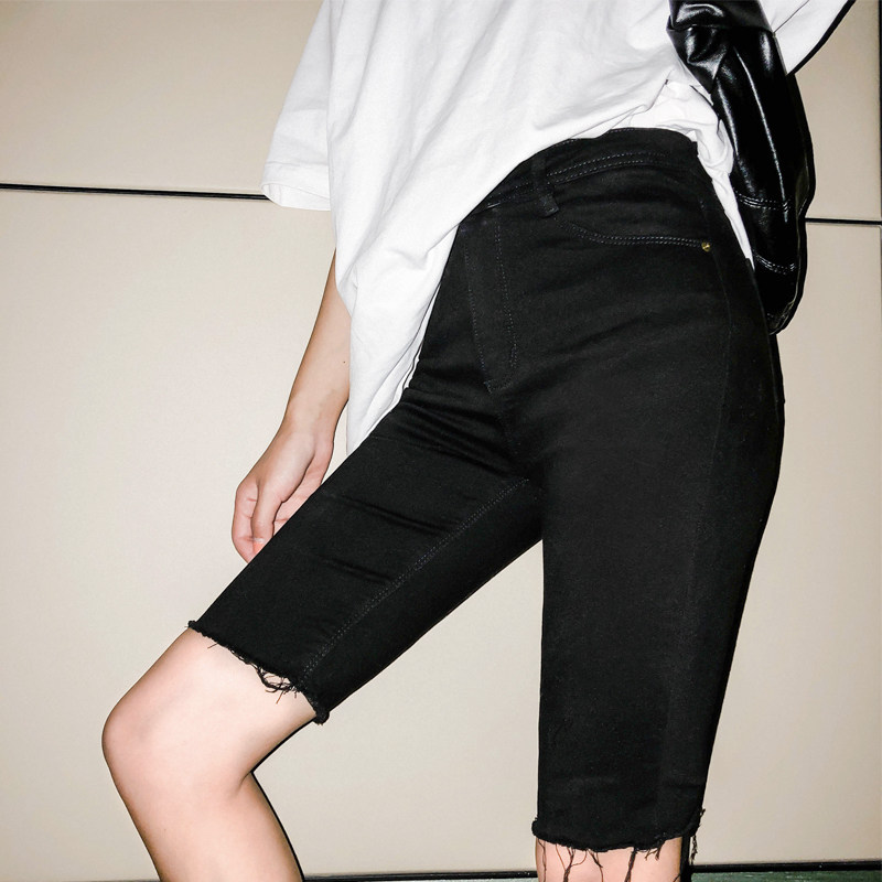 黑色牛仔女高腰运动骑行五分裤短裤 千阁牛仔裤