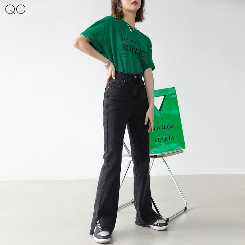 黑色开叉牛仔裤女春秋高腰长裤 千阁牛仔裤